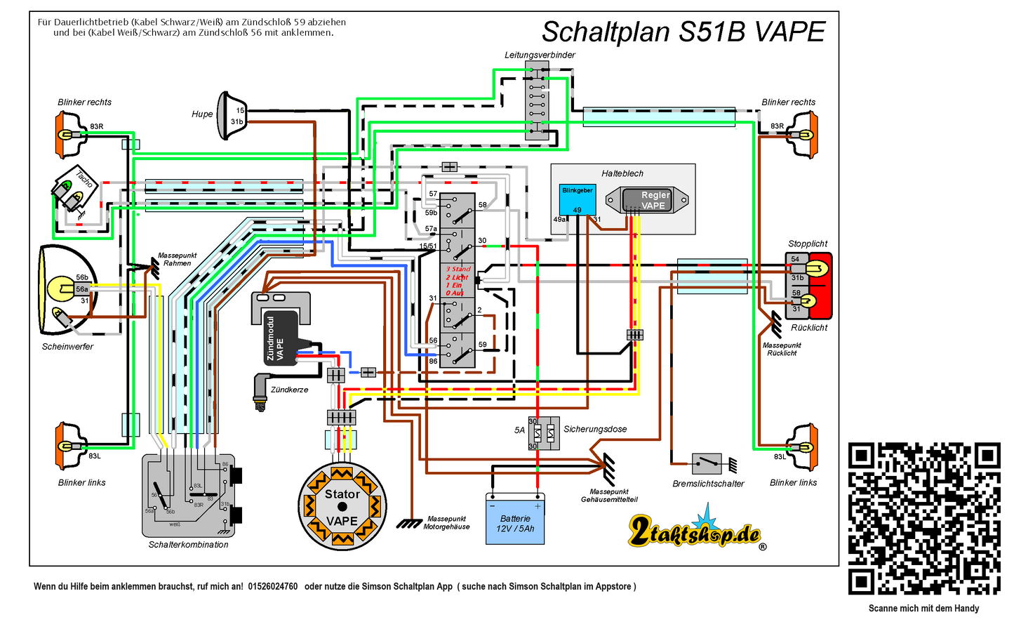 Kabelbaum für Simson S50, S51, S70 Elektronik mit farbigen Schaltplan | Komplett Set VAPE