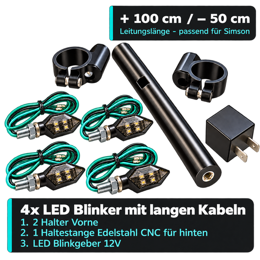 4x LED Blinker Mini schwarz getönt + 2 Halter + Blinkgeber Simson S50 S51 12V