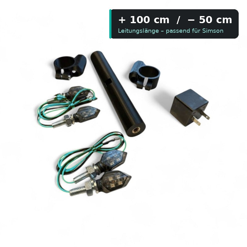 4x LED Blinker Mini schwarz getönt + 2 Halter + Blinkgeber Simson S50 S51 12V